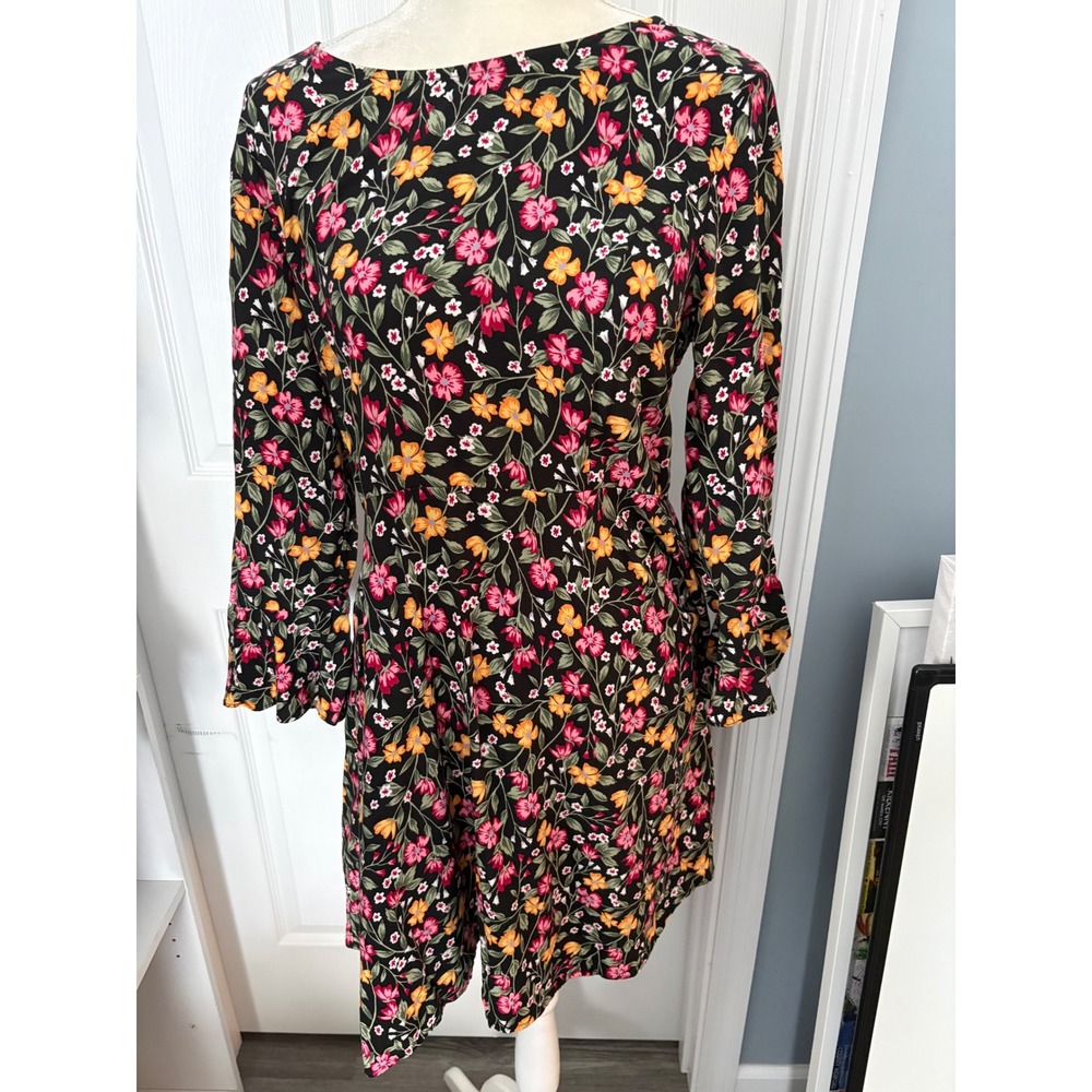 Old Navy Womens Floral Print Long Sleeve A Line Dress‎ Size L Black Pink Yellow